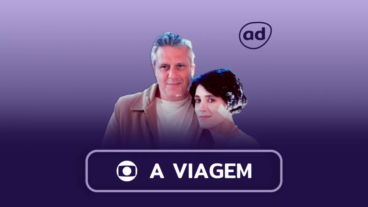 Otávio Jordão e Dinah abraçados na arte do Resumo de A Viagem