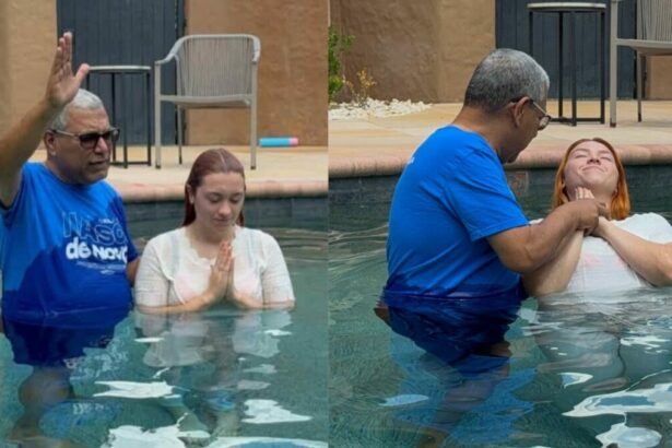 Sofia Liberato em trechos do batismo nas águas ao lado de um pastor