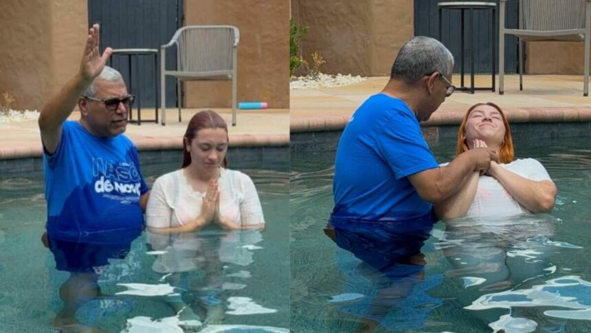 Sofia Liberato em trechos do batismo nas águas ao lado de um pastor