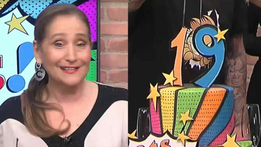 Sonia Abrão e bolo de aniversário do A Tarde é Sua em uma montagem