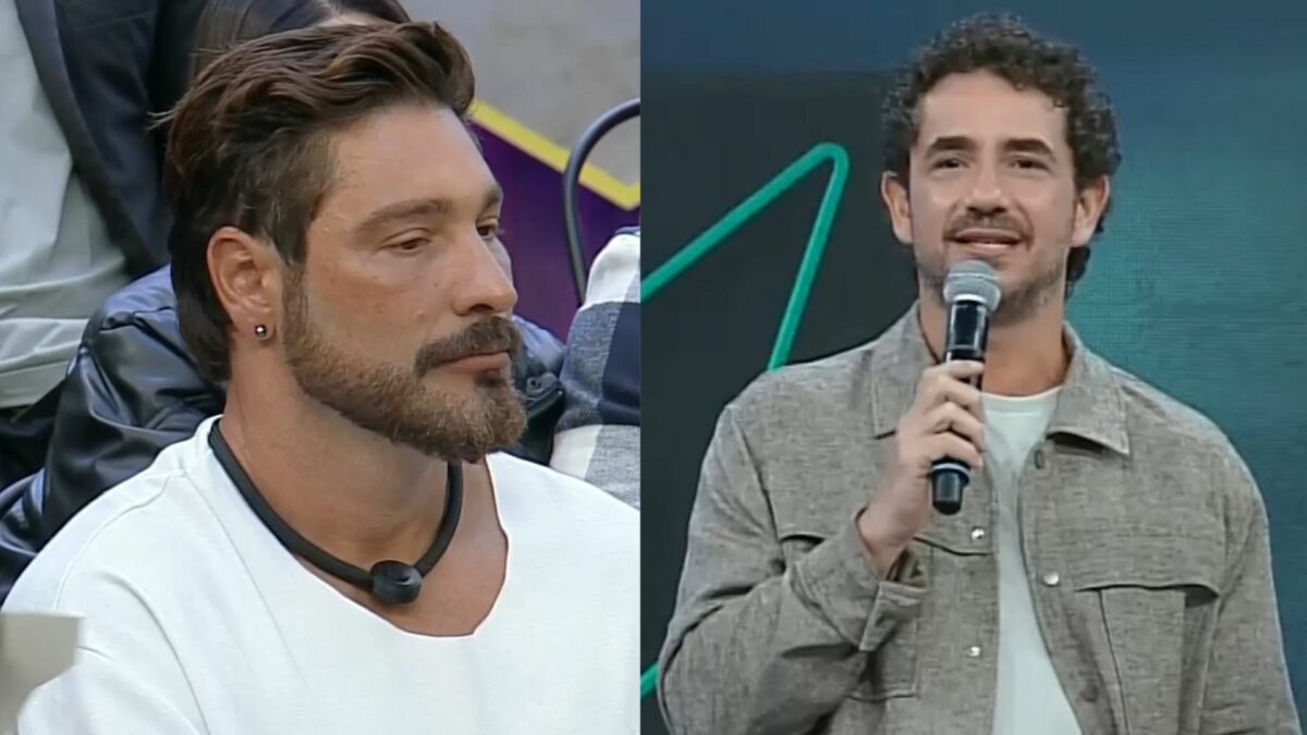 Victor Pecoraro e Felipe Andreoli em uma montagem no Power Couple