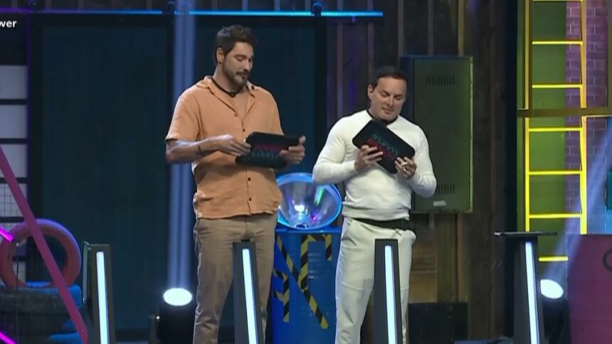 Victor e Esdras em trecho da dinâmica do Quebra Power no Power Couple Brasil 7