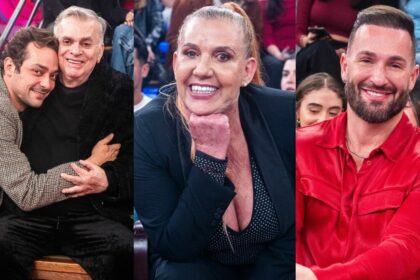 Walcyr Carrasco, Rita Cadillac e Diego Hypolito em uma montagem no cenário do Altas Horas