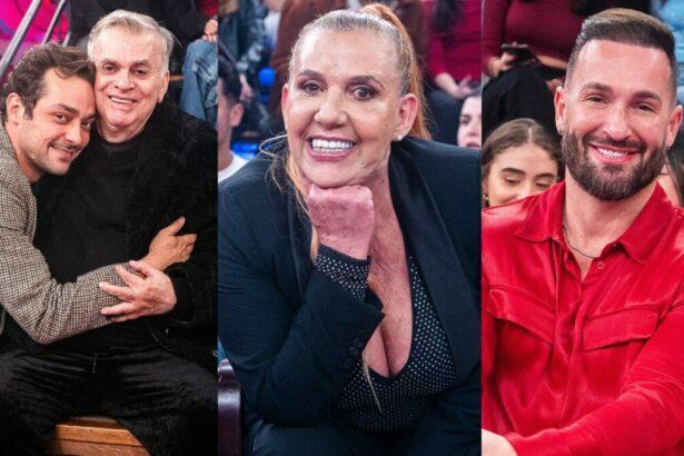 Walcyr Carrasco, Rita Cadillac e Diego Hypolito em uma montagem no cenário do Altas Horas