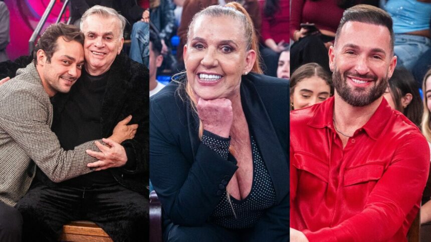 Walcyr Carrasco, Rita Cadillac e Diego Hypolito em uma montagem no cenário do Altas Horas