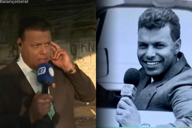Carlos Cavalcante segurando o microfone da RECORD e em imagem preto e branco segurando o microfone do SBT