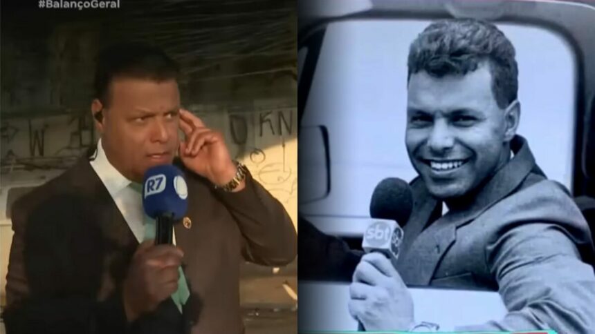 Carlos Cavalcante segurando o microfone da RECORD e em imagem preto e branco segurando o microfone do SBT