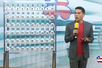 Apresentador do Bahia dá Sorte em frente ao painel com as bolas do sorteio deste domingo, 04 de maio