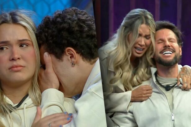 Bia e Gui chorando dividindo tela com Tali e Pessina sorrindo ao ser salvo no Power Couple Brasil 7