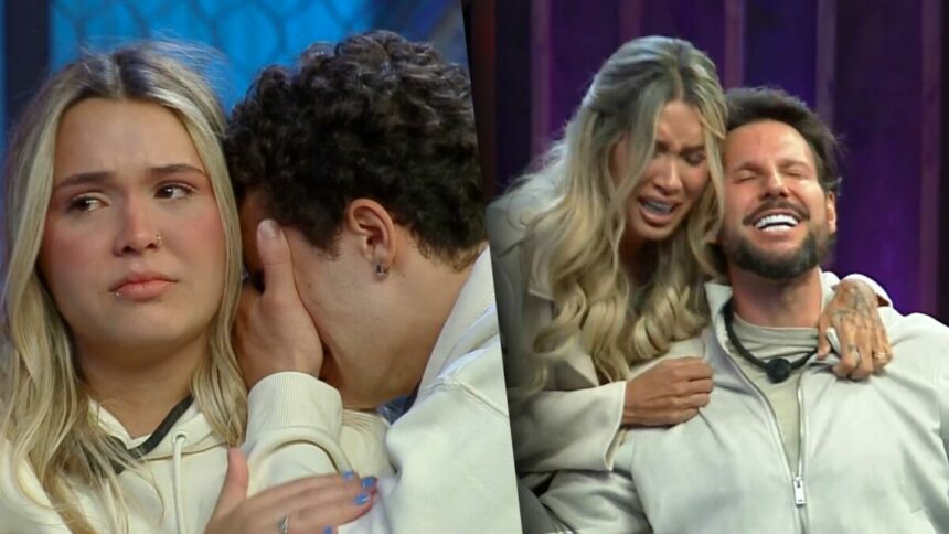 Bia e Gui chorando dividindo tela com Tali e Pessina sorrindo ao ser salvo no Power Couple Brasil 7
