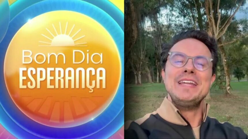 Logo do programa Bom Dia Esperança ao lado de Deive Leonardo que gravou um vídeo com óculos de grau em algum campo para a coletiva do SBT