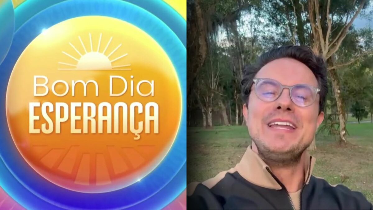 Logo do programa Bom Dia Esperança ao lado de Deive Leonardo que gravou um vídeo com óculos de grau em algum campo para a coletiva do SBT