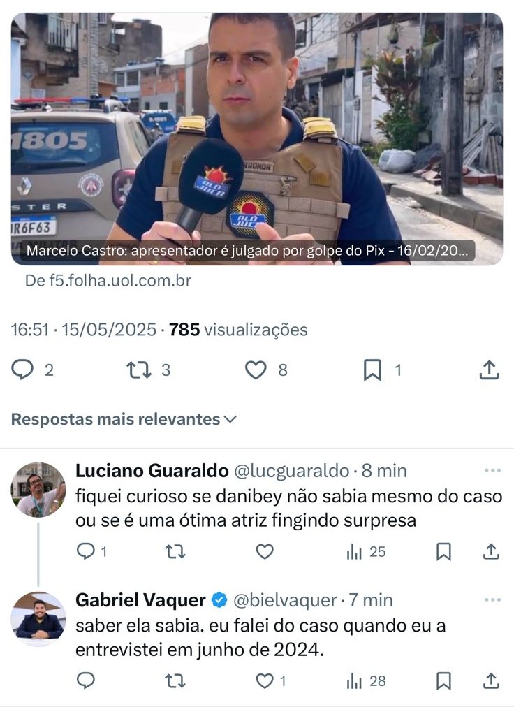 Print de um comentário do  colunista Gabriel Vaquer, da Folha de S. Paulo, revelando que contou sobre o caso para a CEO do SBT em uma entrevista que ela concedeu em junho de 2024.