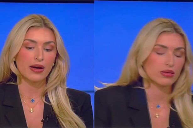 Comentarista política Camryn Kinsey, falando na Fox News, alguns segundos antes de cair desmaiada. Ela é loira e veste preto