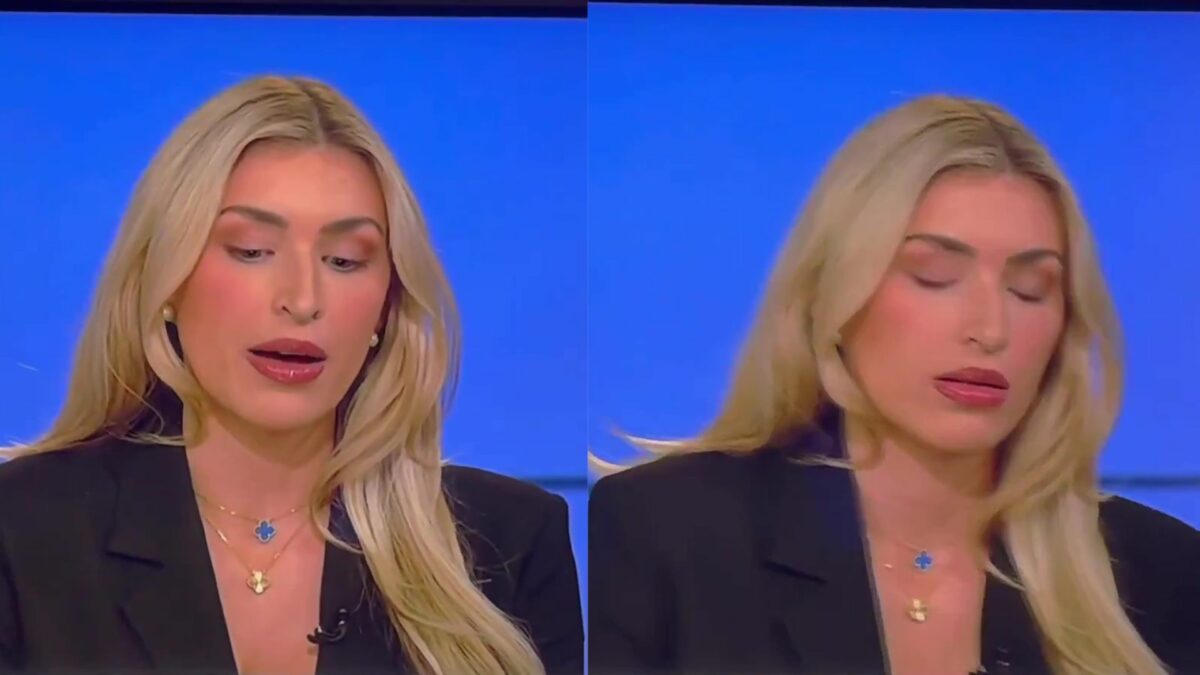 Comentarista política Camryn Kinsey, falando na Fox News, alguns segundos antes de cair desmaiada. Ela é loira e veste preto
