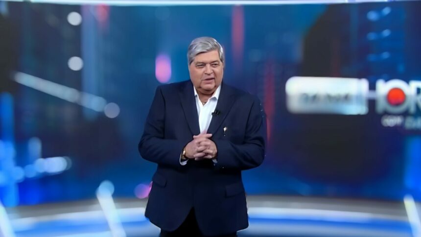 Datena em pé no cenário do Tá na Hora (SBT), ele veste terno preto e sem gravata, parece estar sorrindo e feliz, 6 meses antes de assinar com a RedeTV!