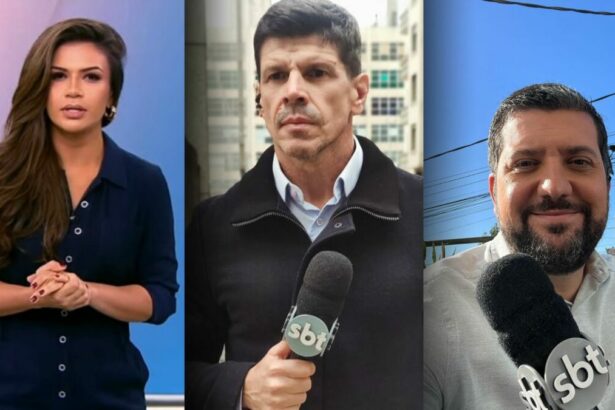 Bruna Macedo, Rodrigo Gavarini e Rafael Batalha. ela está no estúdio do SBT News, enquanto os dois repórteres seguram o microfone da emissora em gravação nas ruas de São Paulo