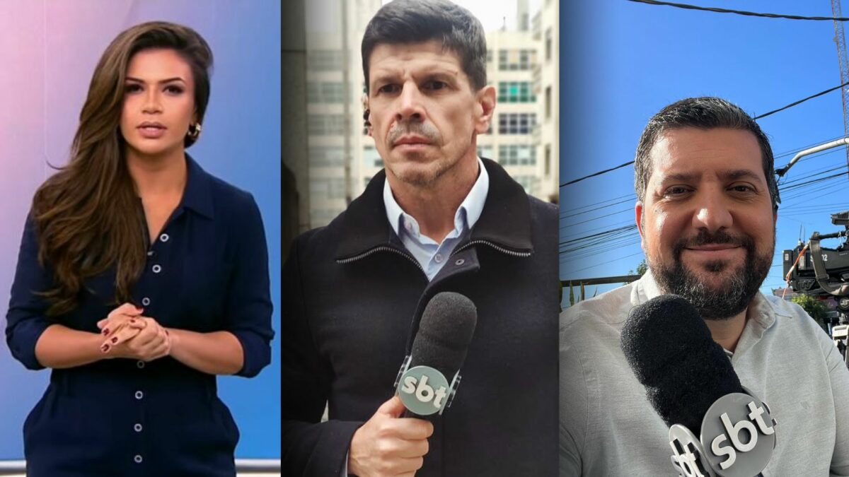 Bruna Macedo, Rodrigo Gavarini e Rafael Batalha. ela está no estúdio do SBT News, enquanto os dois repórteres seguram o microfone da emissora em gravação nas ruas de São Paulo