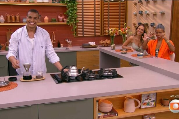 Thiago Oliveira, Thalita Morete e Rita Batista na cozinha do É de Casa deste sábado (10)