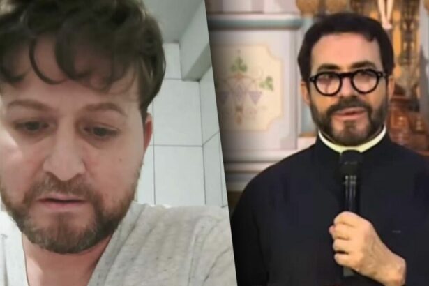 Gerente Jair José Aguiar com a cabeça baixa, divide tela com Padre Fábio de Melo que segura microfone em uma missa