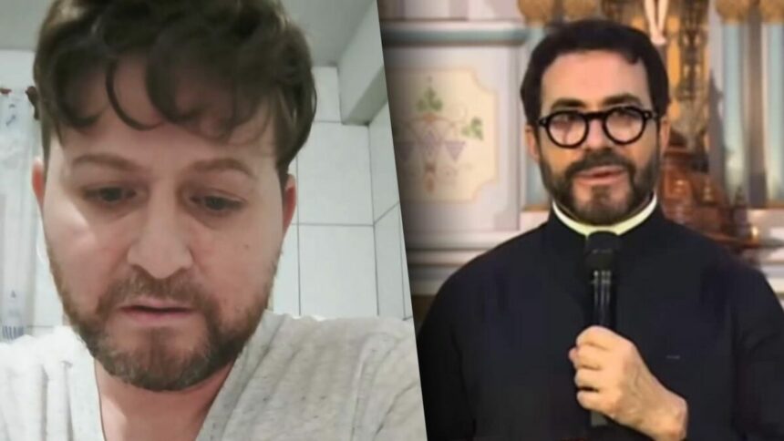 Gerente Jair José Aguiar com a cabeça baixa, divide tela com Padre Fábio de Melo que segura microfone em uma missa
