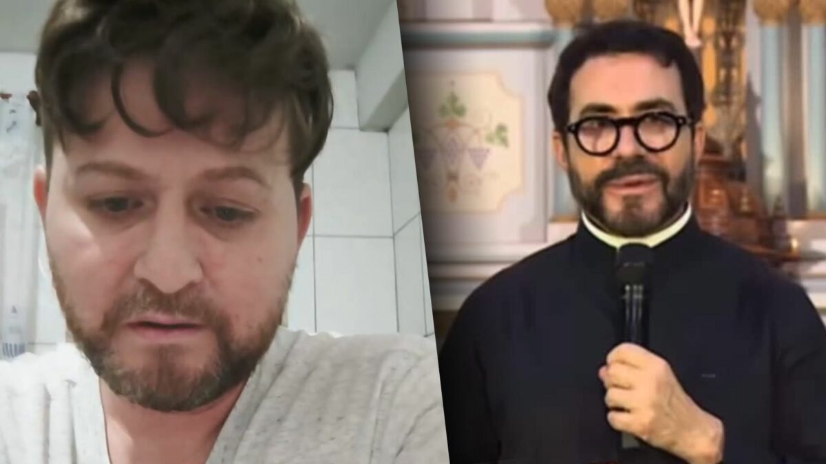 Gerente Jair José Aguiar com a cabeça baixa, divide tela com Padre Fábio de Melo que segura microfone em uma missa