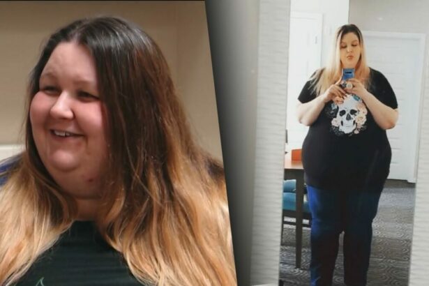 Maja muito obesa, com 313 quilos, sorrindo em cena do Quilos Mortais. Na segunda foto Maja em 2022, bem mais magra, tira foto em frente a um espelho