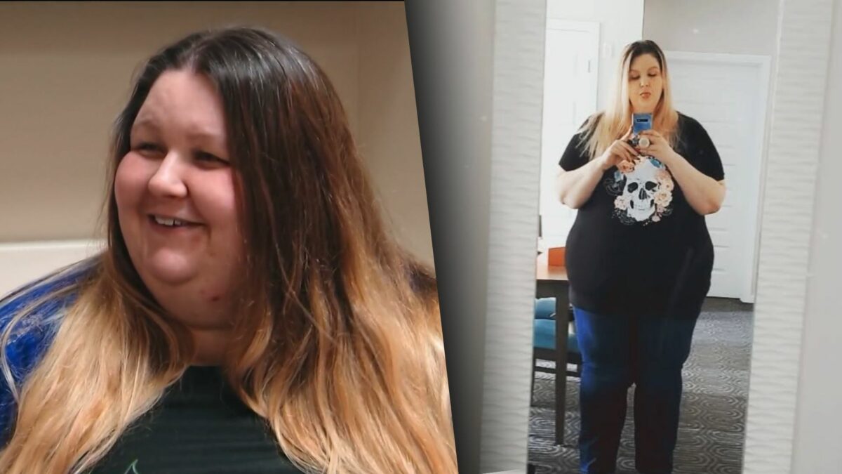Maja muito obesa, com 313 quilos, sorrindo em cena do Quilos Mortais. Na segunda foto Maja em 2022, bem mais magra, tira foto em frente a um espelho
