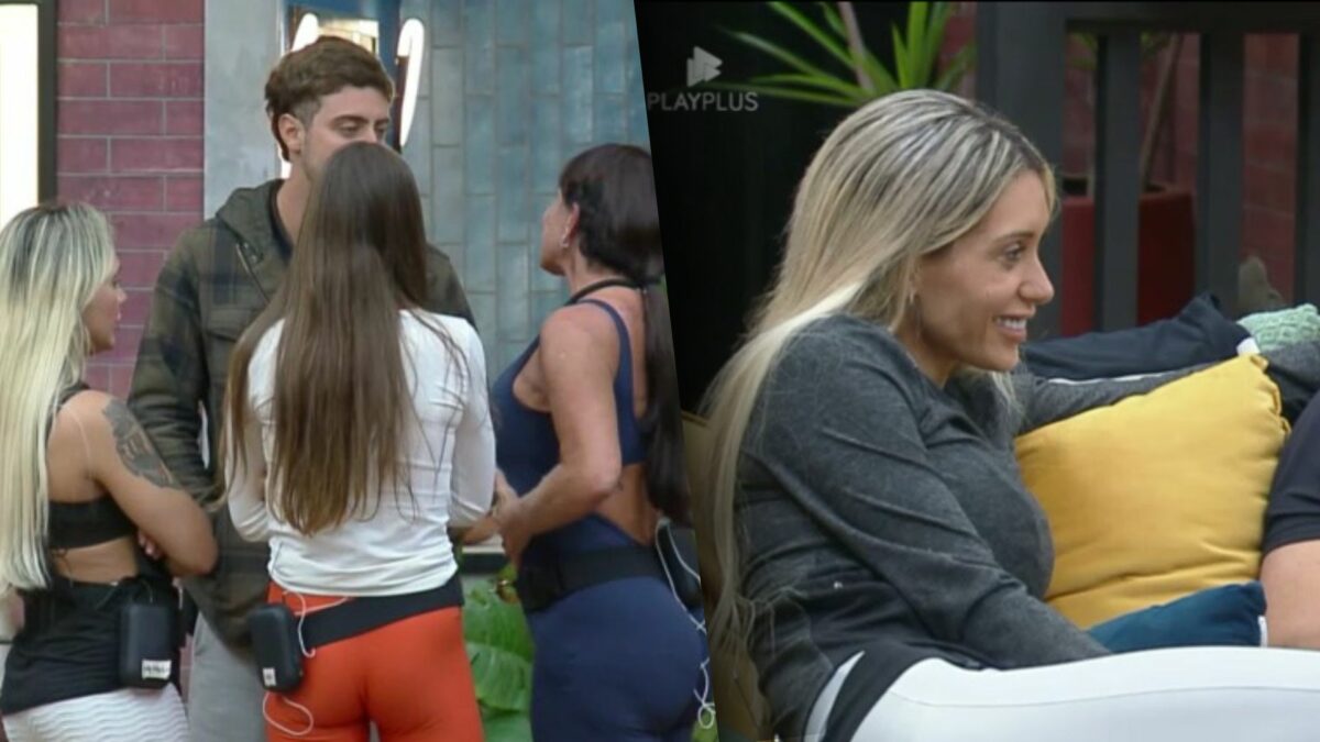Grupo de Gretchen se reúne após a Prova das Mulheres. Na sala do Power Couple Brasil 7, Talira sorrir