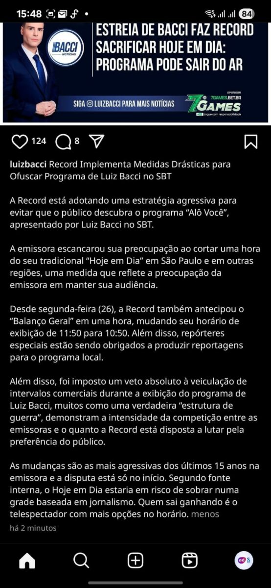 Publicação de Luiz Bacci sobre o o Hoje em Dia