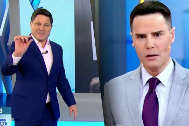 Eleandro Passaia faz sinal de pequeno no cenário do Balanço Geral SP. Segunda imagem: Luiz Bacci com semblante sério no cenário do Alô Você no SBT