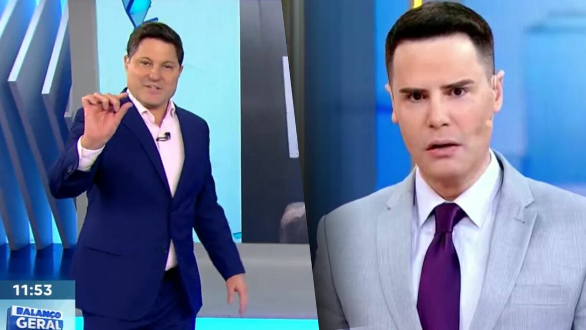 Eleandro Passaia faz sinal de pequeno no cenário do Balanço Geral SP. Segunda imagem: Luiz Bacci com semblante sério no cenário do Alô Você no SBT