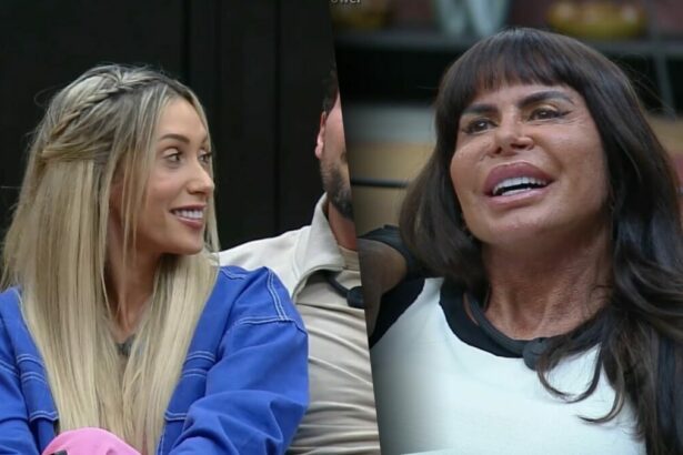 Talira olha para Gretcghen e sorrir. Ela também fica sorrindo na sala do Power Couple Brasil 7