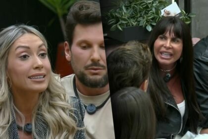 Talira grita com Gretchen que também grita de volta. As duas estão sentadas na sala da Mansão do Power Couple Brasil 7