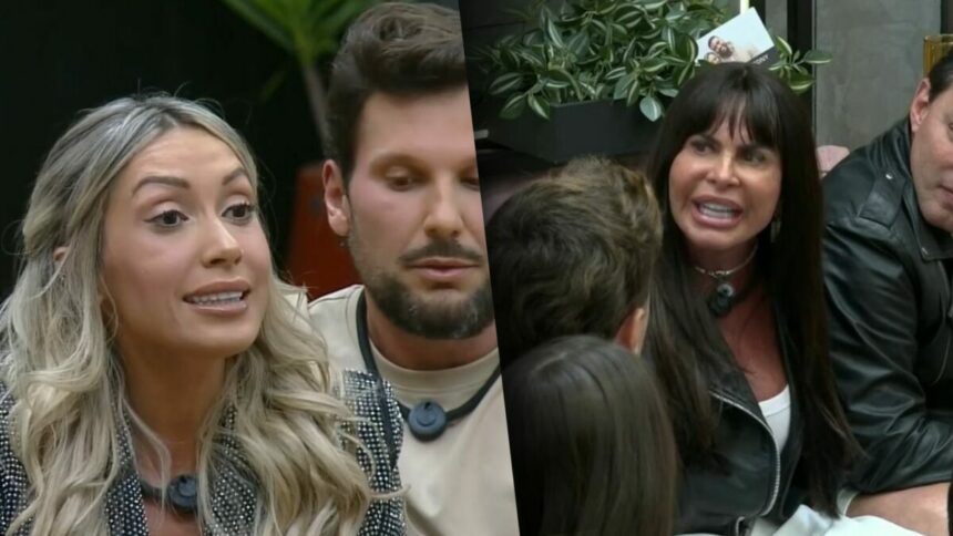 Talira grita com Gretchen que também grita de volta. As duas estão sentadas na sala da Mansão do Power Couple Brasil 7
