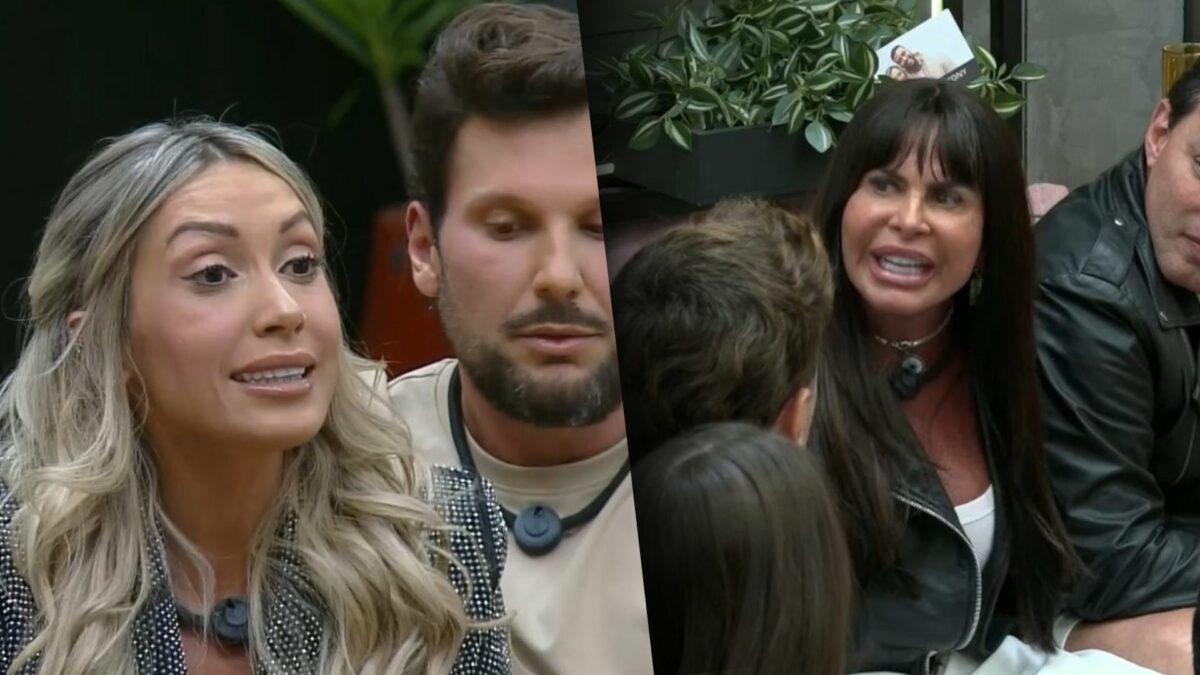Talira grita com Gretchen que também grita de volta. As duas estão sentadas na sala da Mansão do Power Couple Brasil 7