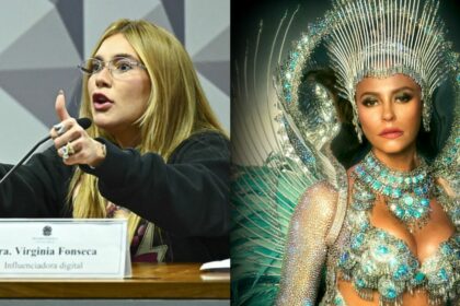 Virgínia na CPI das bets fazendo sinal de ok. Paolla Oliveira como Rainha de Bateria da Grande Rio e com semblante triste
