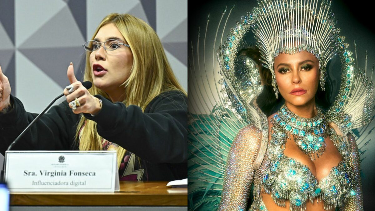 Virgínia na CPI das bets fazendo sinal de ok. Paolla Oliveira como Rainha de Bateria da Grande Rio e com semblante triste