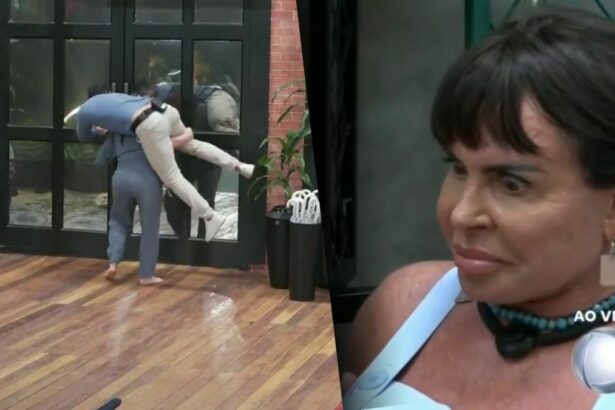 Carol carregando Radamés nas costas e Gretchen com os olhos arregalados no Power Couple Brasil 7