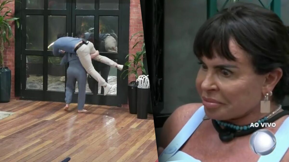 Carol carregando Radamés nas costas e Gretchen com os olhos arregalados no Power Couple Brasil 7