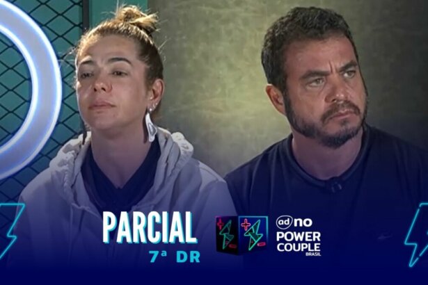 Casal Adriana e Dhomini na arte de parcial da enquete do Power Couple