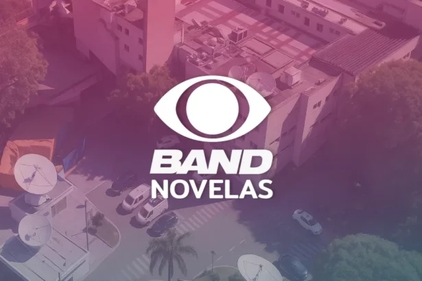 Logo da Band Novelas por cima de ima imagem área da sede da emissora