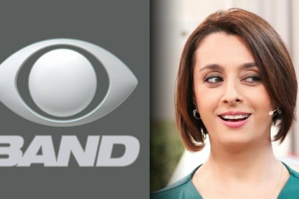 Logo da Band ao lado de Catia Fonseca que está de blusa verde e olhando para o lado, em pé, no cenário do Bom Dia & CIA
