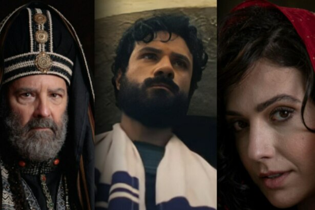 Caifás (Floriano Peixoto), Paulo (Murilo Cezar) e Lídia (Priscila Ubba) com olhar marcante na chamada do elenco de Paulo, O Apóstolo