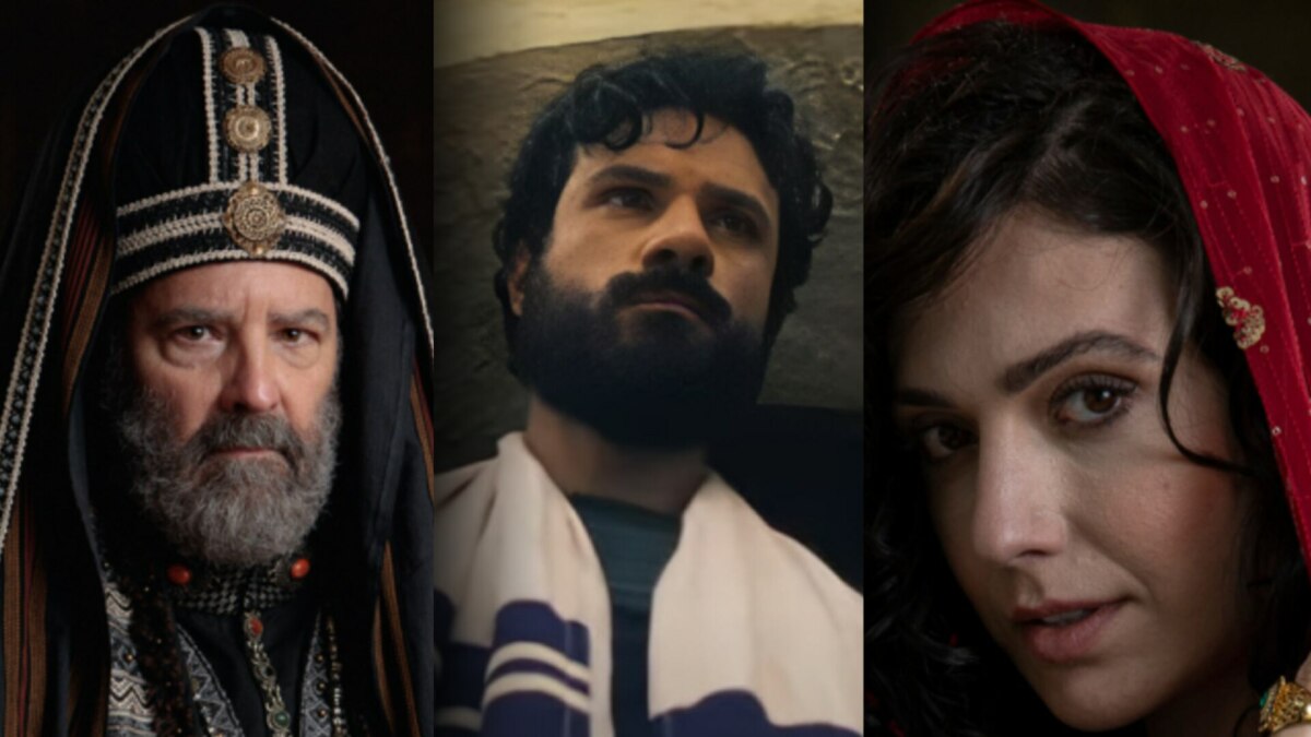 Caifás (Floriano Peixoto), Paulo (Murilo Cezar) e Lídia (Priscila Ubba) com olhar marcante na chamada do elenco de Paulo, O Apóstolo