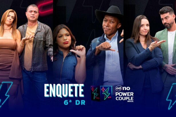 Adriana e Dhomini, Emilyn e Neguinho e Carol e Radamés com semblantes tristes na arte da enquete do Power Couple Brasil 7 na sexta DR