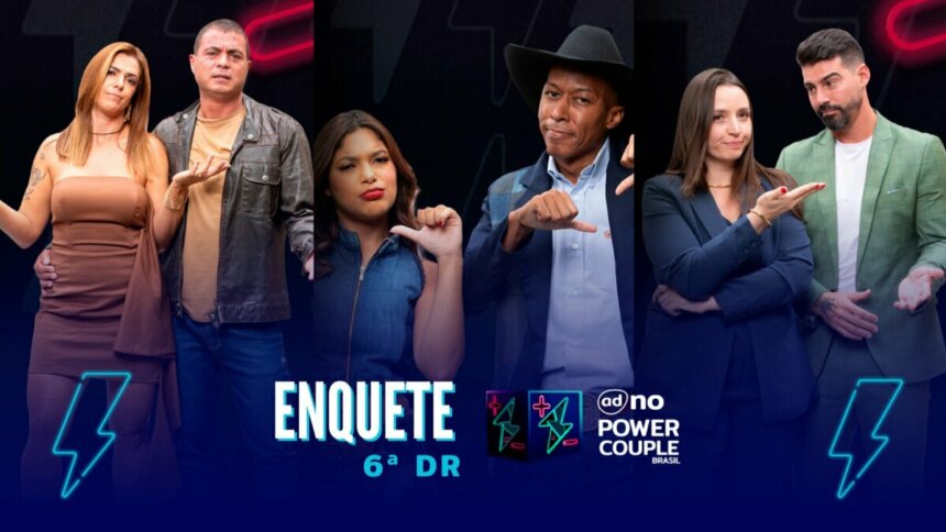 Adriana e Dhomini, Emilyn e Neguinho e Carol e Radamés com semblantes tristes na arte da enquete do Power Couple Brasil 7 na sexta DR
