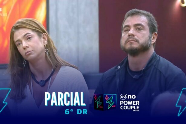 Adriana e Dhomini olham para o telão da sala do Power Couple Brasil 7. A imagem está na arte da parcial da enquete