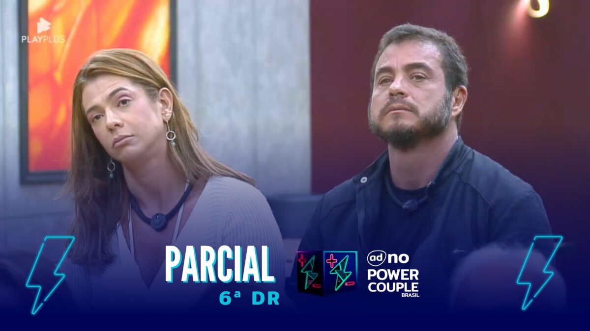 Adriana e Dhomini olham para o telão da sala do Power Couple Brasil 7. A imagem está na arte da parcial da enquete