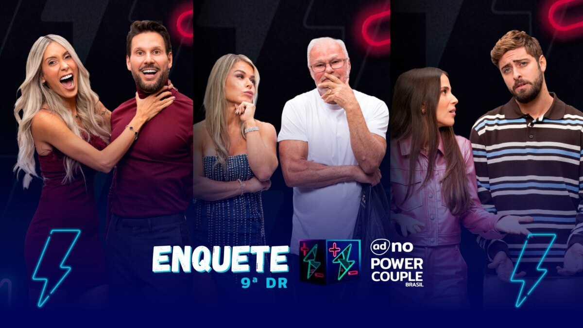 Tali e Pessina, Cris e Kadu e Nat e Eike com semblantes tristes na montagem da enquete da nona DR do Power Couple Brasil 7